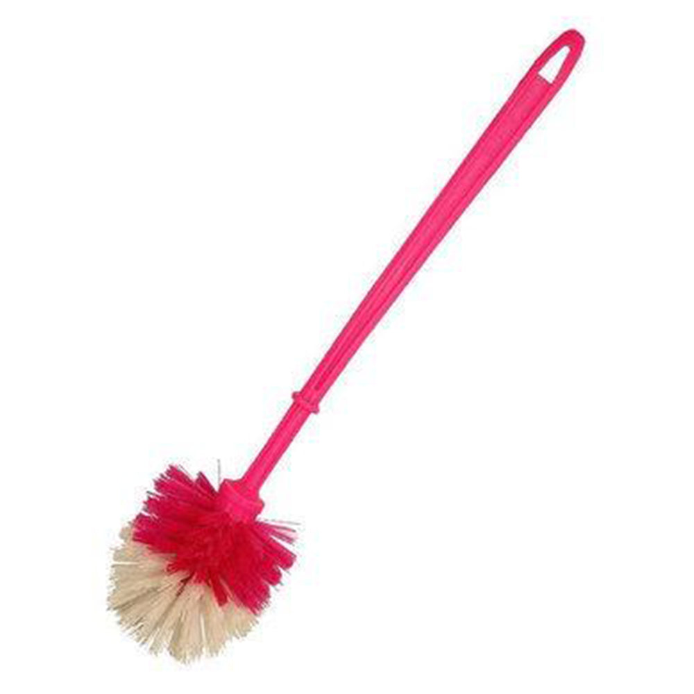 Multicolor plastic toilet cleaner brush with a long handle.