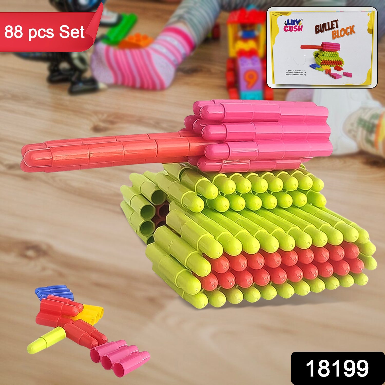 Children's hands building a structure with colorful creative building blocks.
