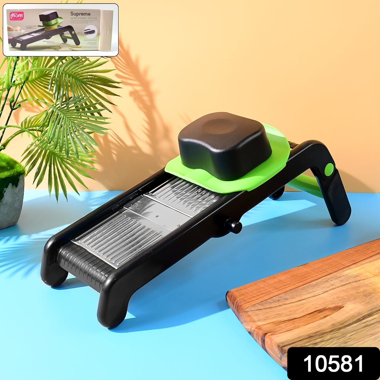 Close-up of adjustable slicer showing stainless steel blade design
