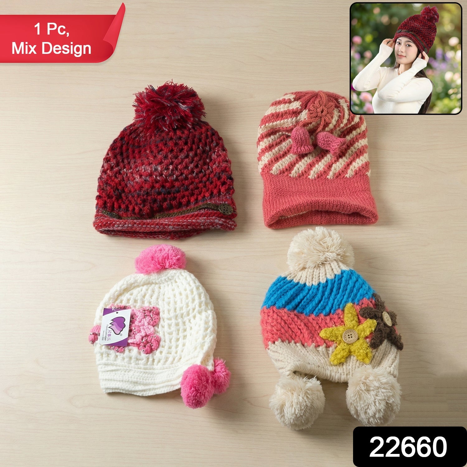 Warm knitted winter cap for cold weather protection with mix design