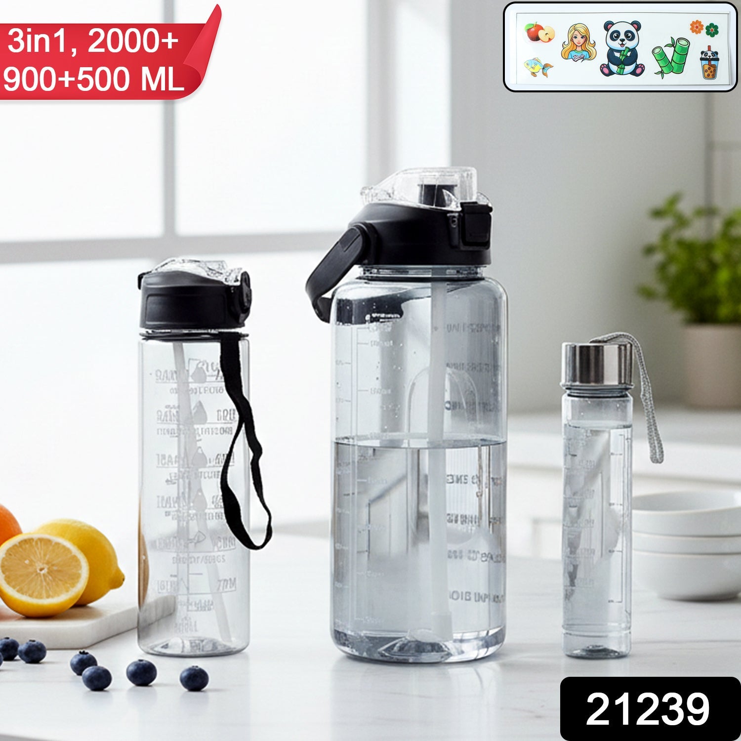Combo set of three reusable water bottles in 2000ML, 900ML, and 500ML sizes
