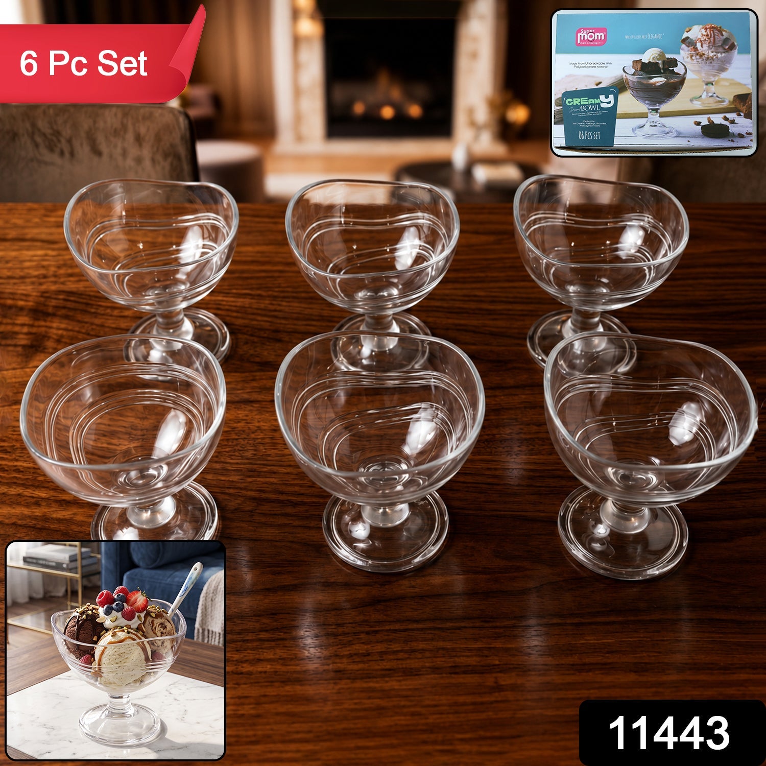 Set of 6 clear polycarbonate dessert bowls with pedestal design