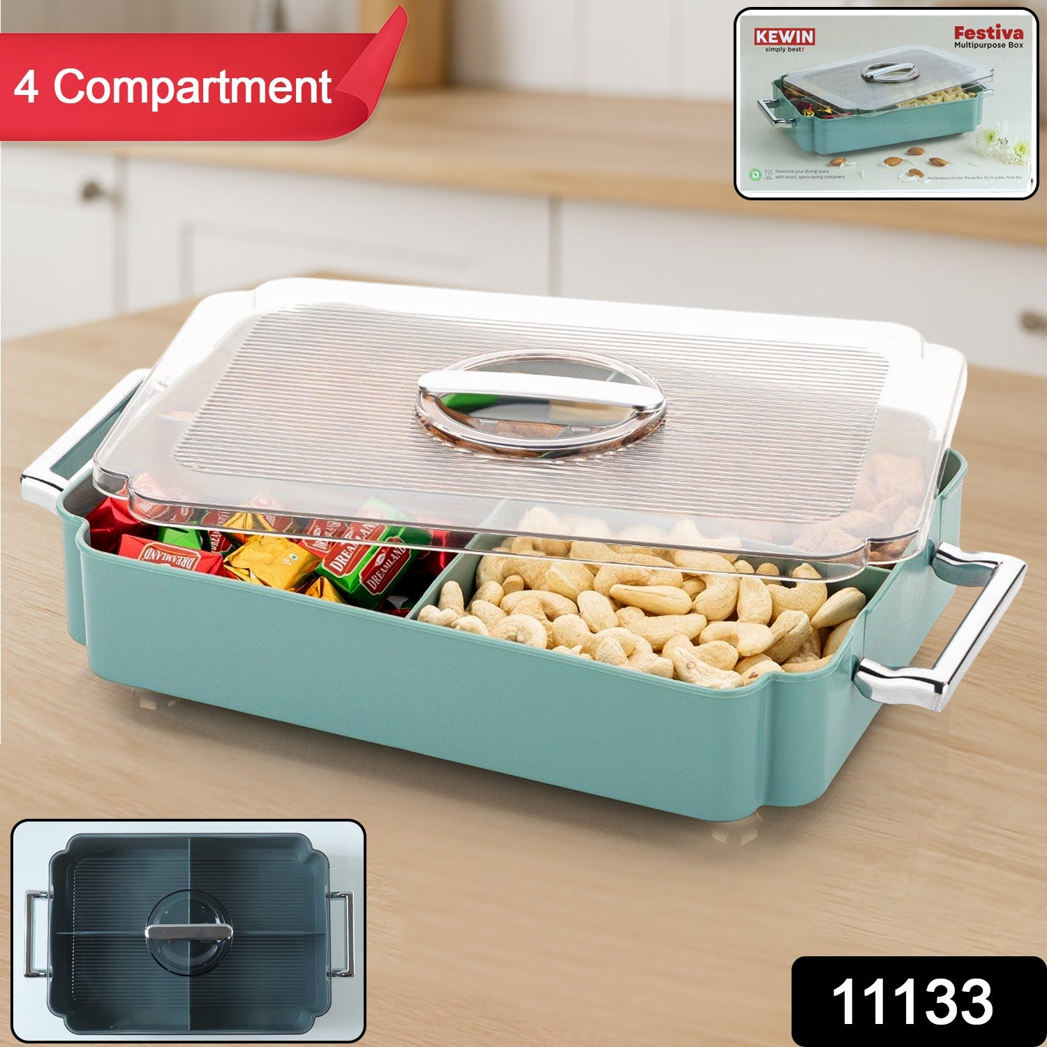 Multipurpose plastic food storage container featuring four compartments for snacks and dry fruits