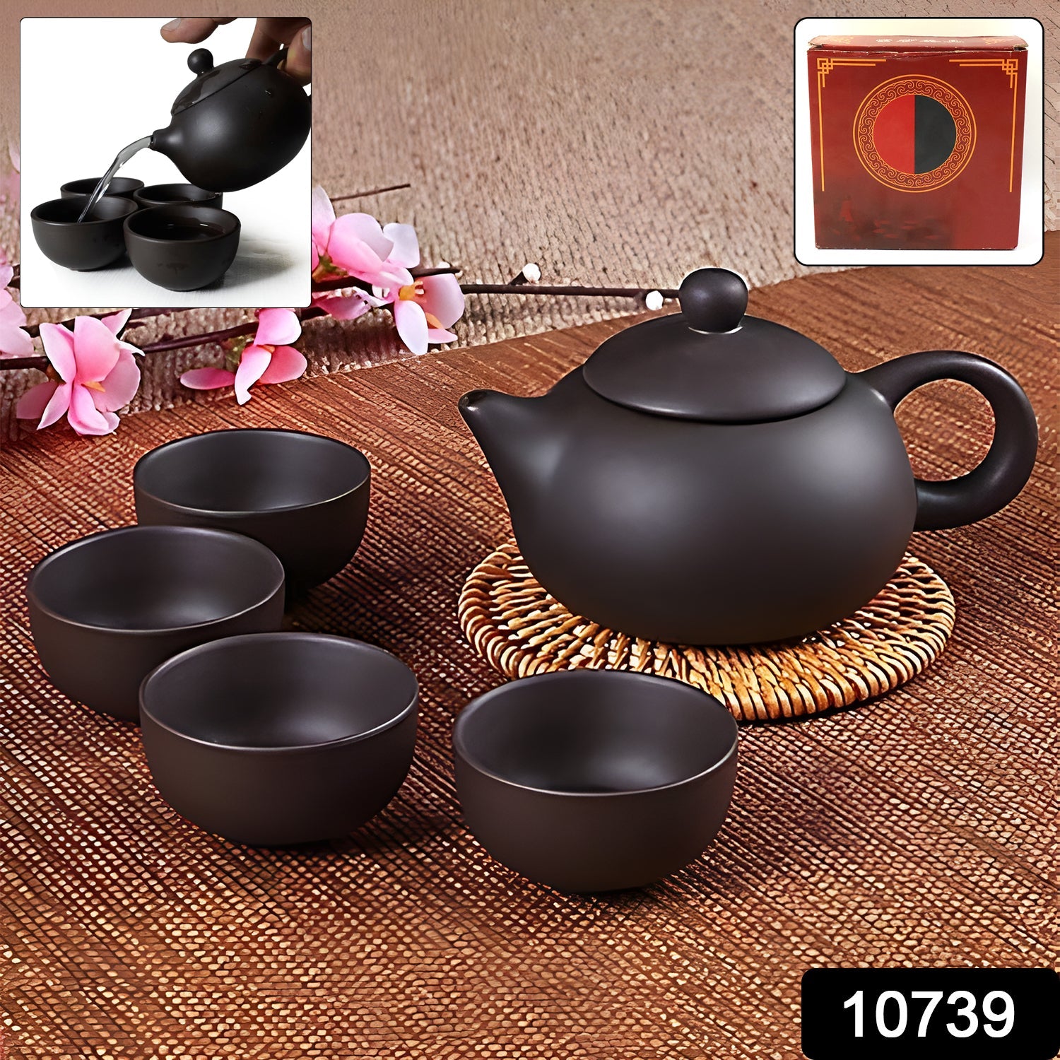 Premium matte black ceramic tea set beautifully packed in a gift box