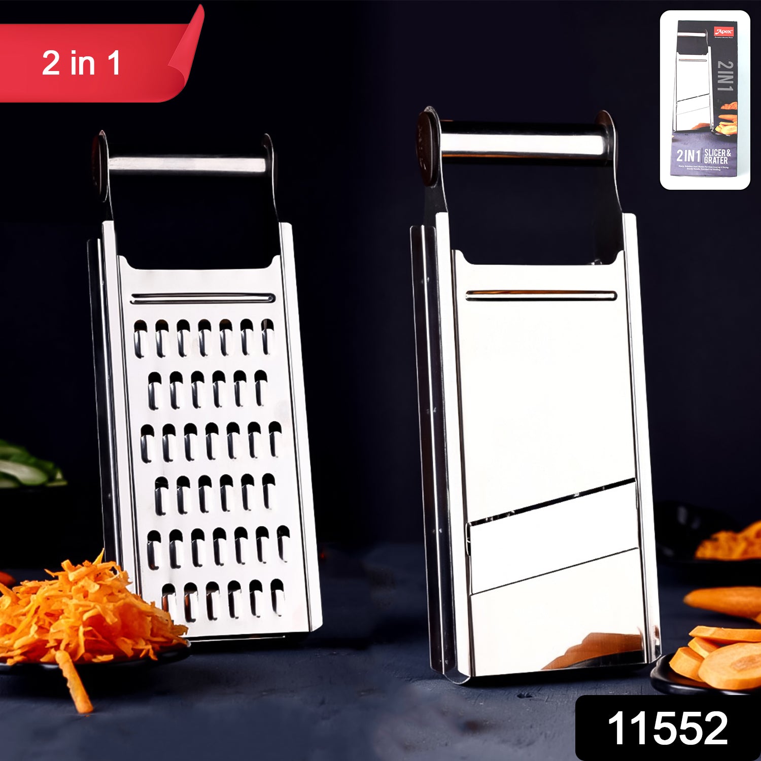Apex sharp stainless steel slicer and grater with ergonomic handle