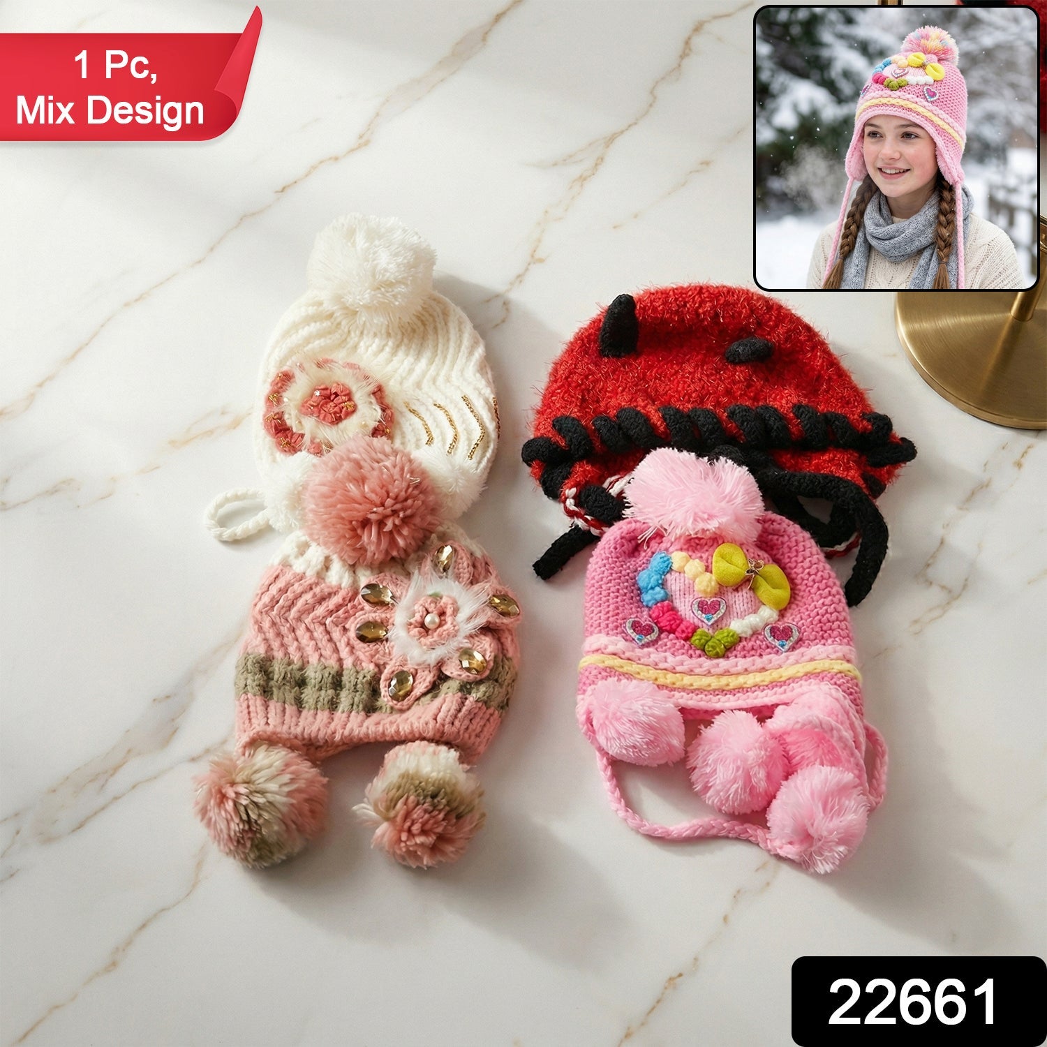 Woolen ear flap winter hat with adjustable tie for children