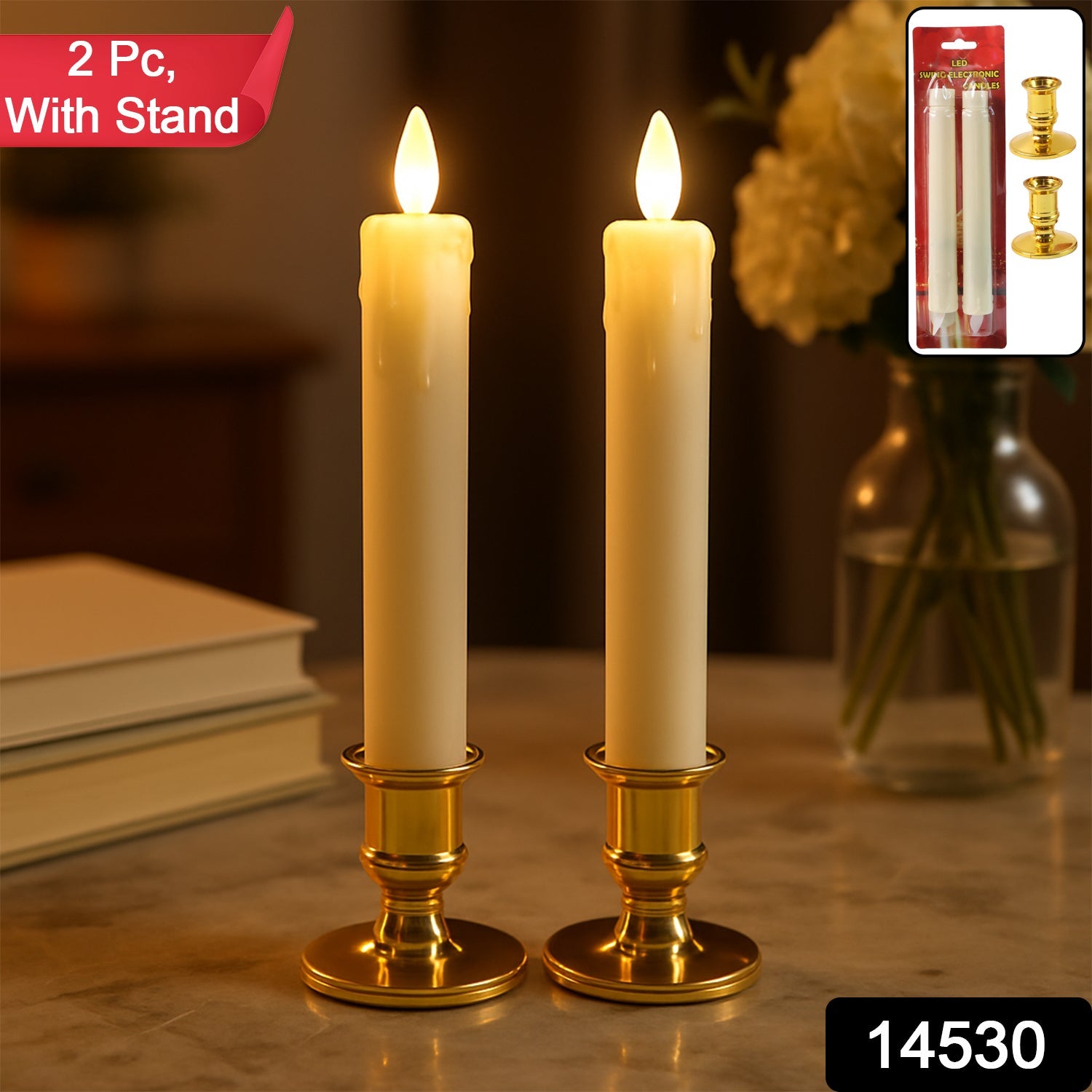 Close-up of LED flameless taper candle showing realistic flame light and classic design
