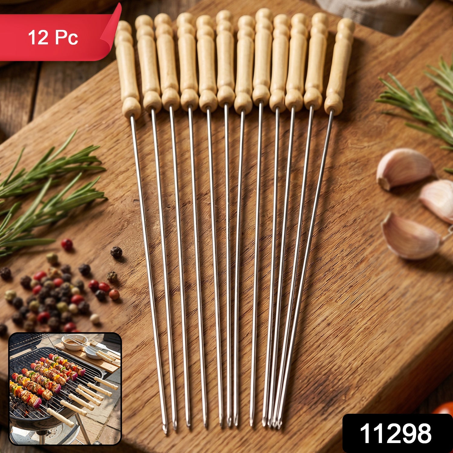 Set of 12 stainless steel barbecue skewers with wooden handles