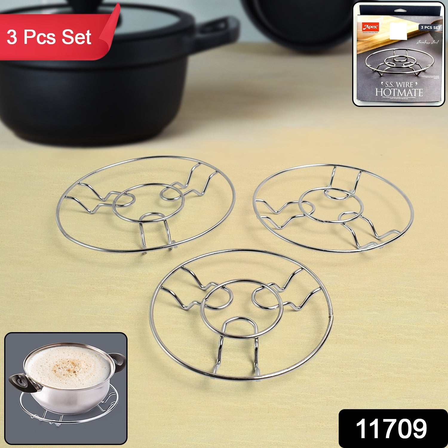 Close-up view of stainless steel wire trivets showing heat-resistant design