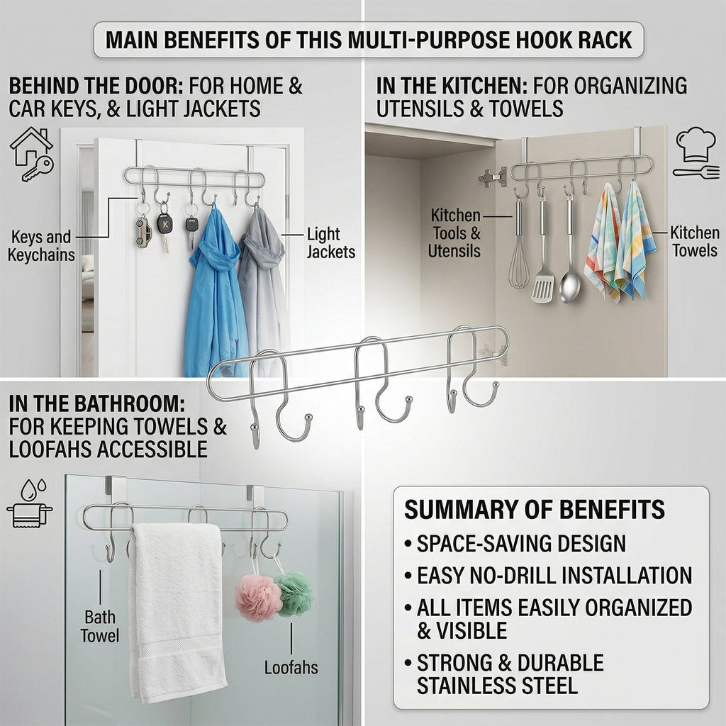 Wall-mounted hanging hook rack in silver finish