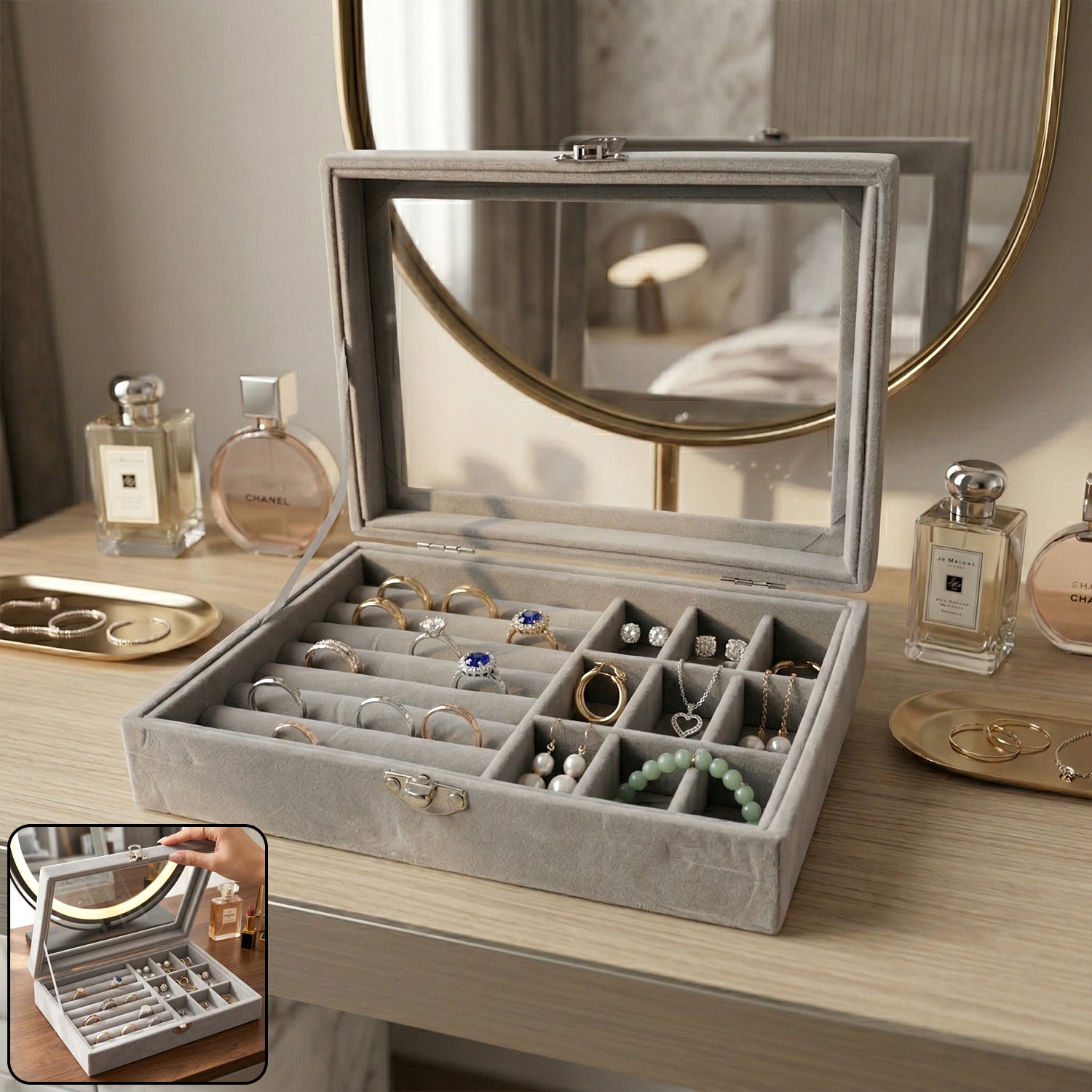 Premium Velvet Jewellery Organizer Box With Transparent Lid