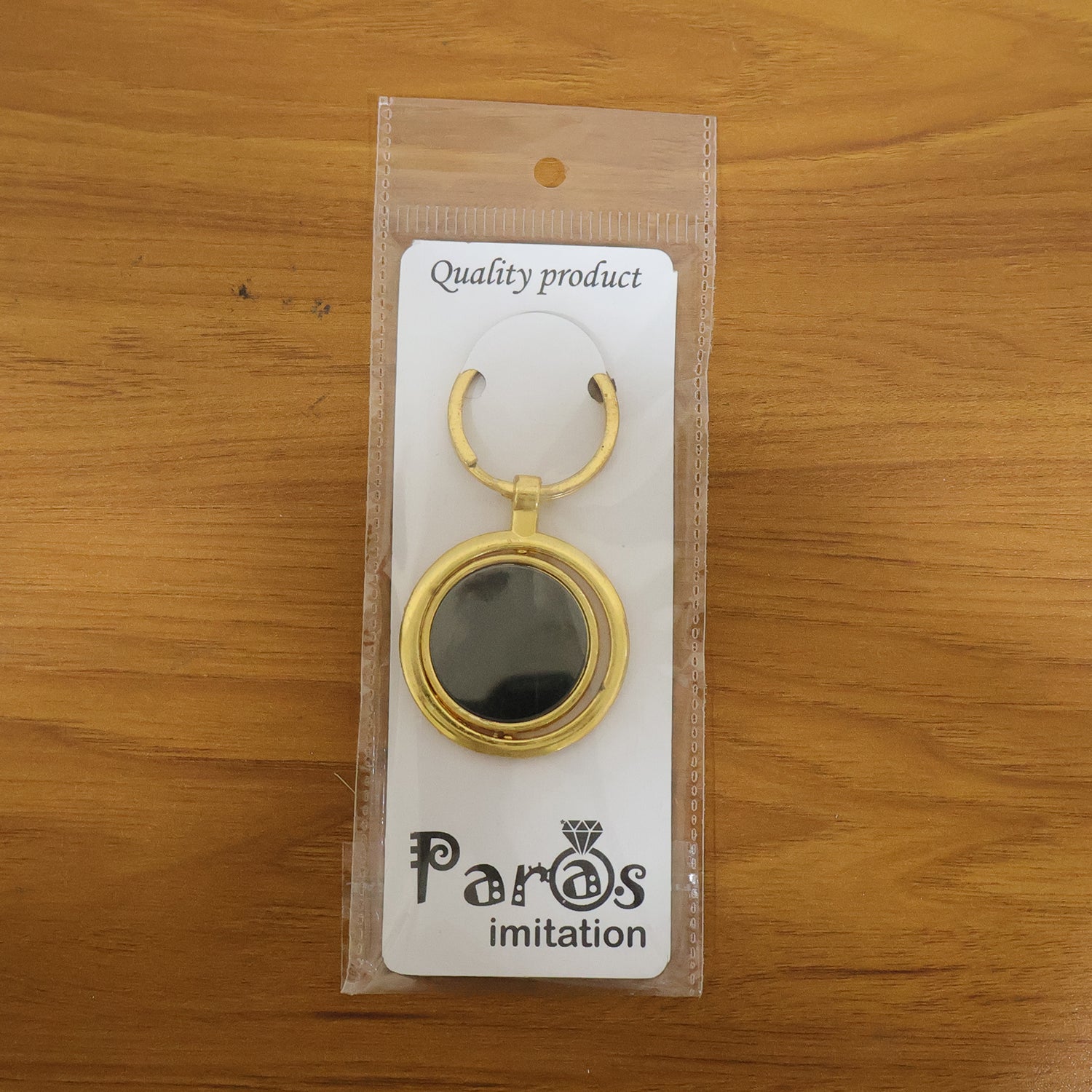 Gold Plated Keychain With Black Round Pendant Rotating (1 Pc)